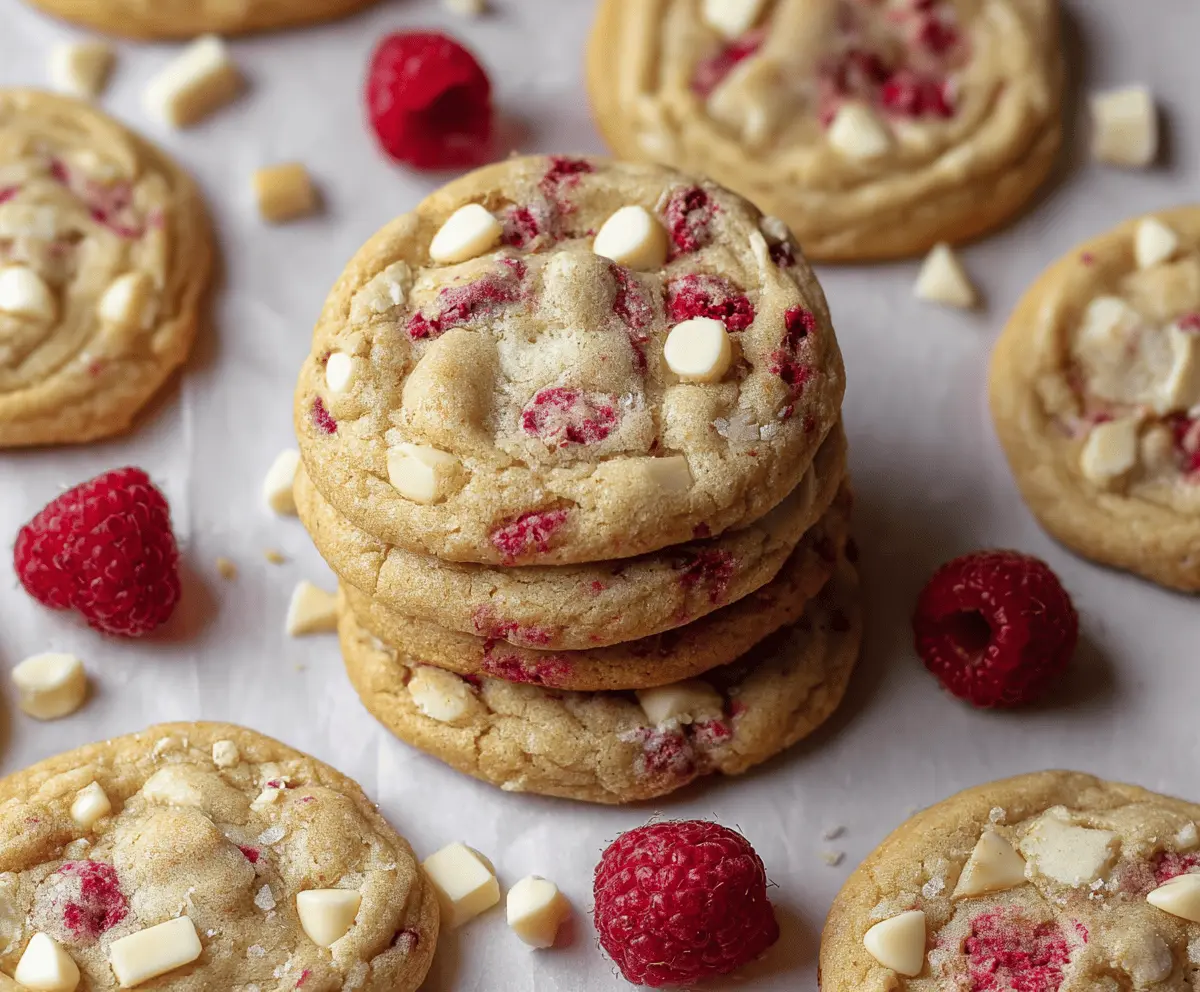 Delicious chewy raspberry white chocolate cookies fresh out of the oven, showcasing vibrant berries and creamy white chocolate chunks.