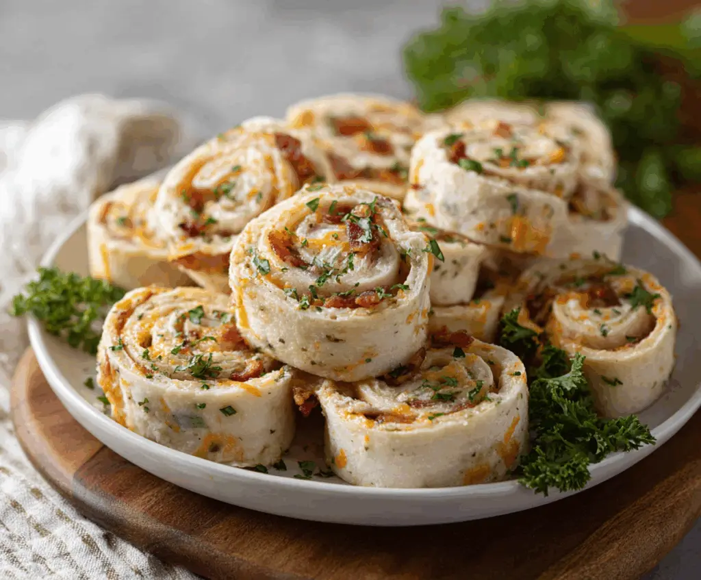 Delicious Chicken Bacon Ranch Pinwheels sliced to reveal creamy filling and crispy bacon on a serving platter.