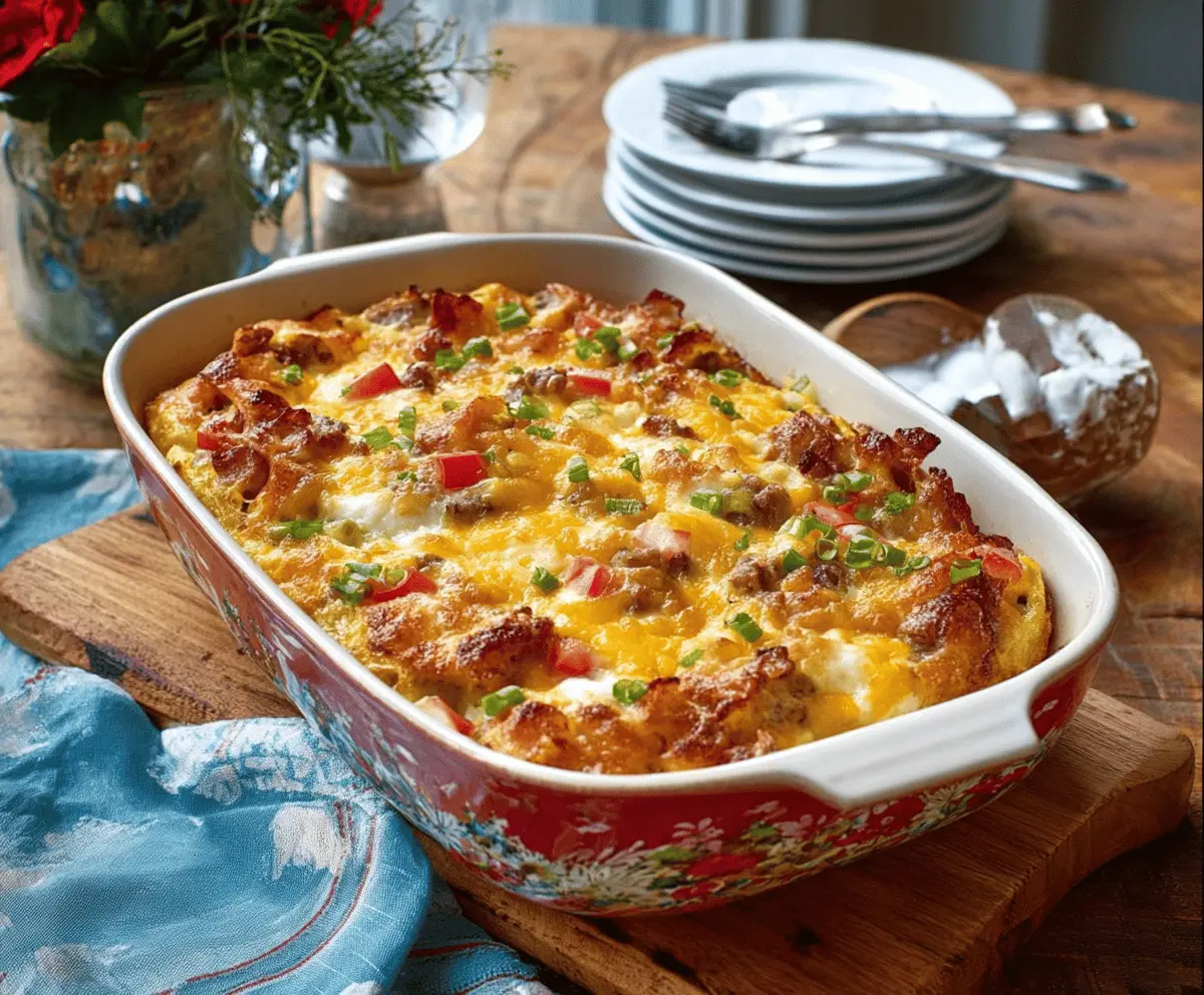 Delicious Christmas Breakfast Casserole with eggs, cheese, and breakfast meats in a festive setting.
