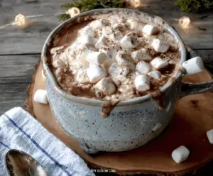 Warm and cozy Christmas Eve Crockpot Hot Chocolate topped with whipped cream and sprinkles. Perfect holiday treat.