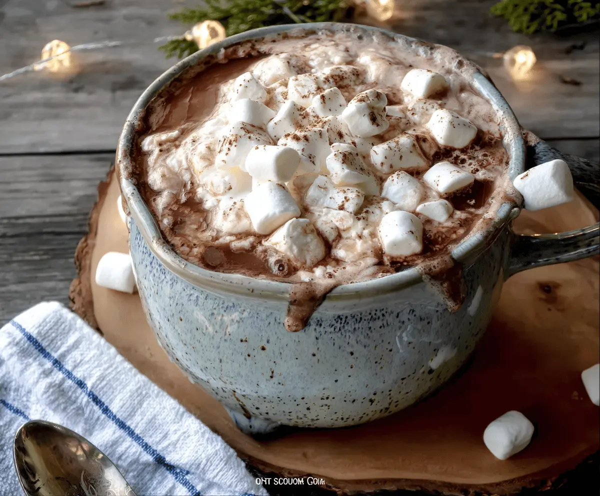 Warm and cozy Christmas Eve Crockpot Hot Chocolate topped with whipped cream and sprinkles. Perfect holiday treat.