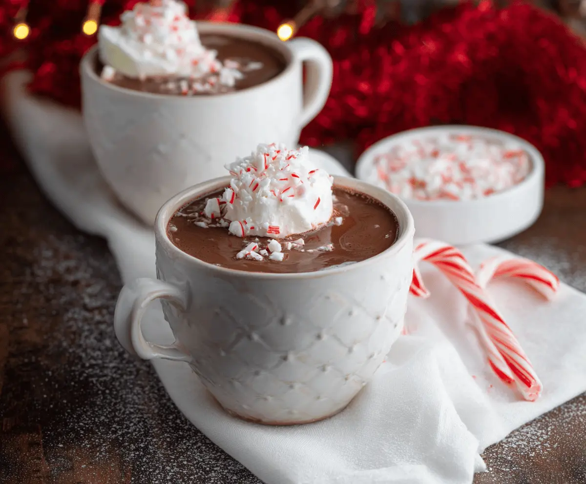 Creamy Christmas Peppermint Hot Chocolate topped with whipped cream and crushed peppermint candies