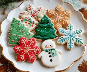 Decorative Christmas sugar cookies with colorful icing and festive sprinkles for holiday celebration.