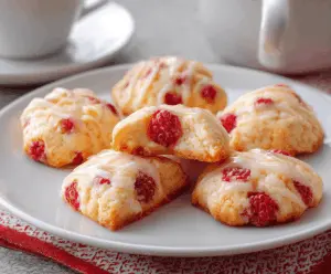 Delicious cottage cheese raspberry cookies fresh out of the oven with vibrant red raspberries and golden cookie edges