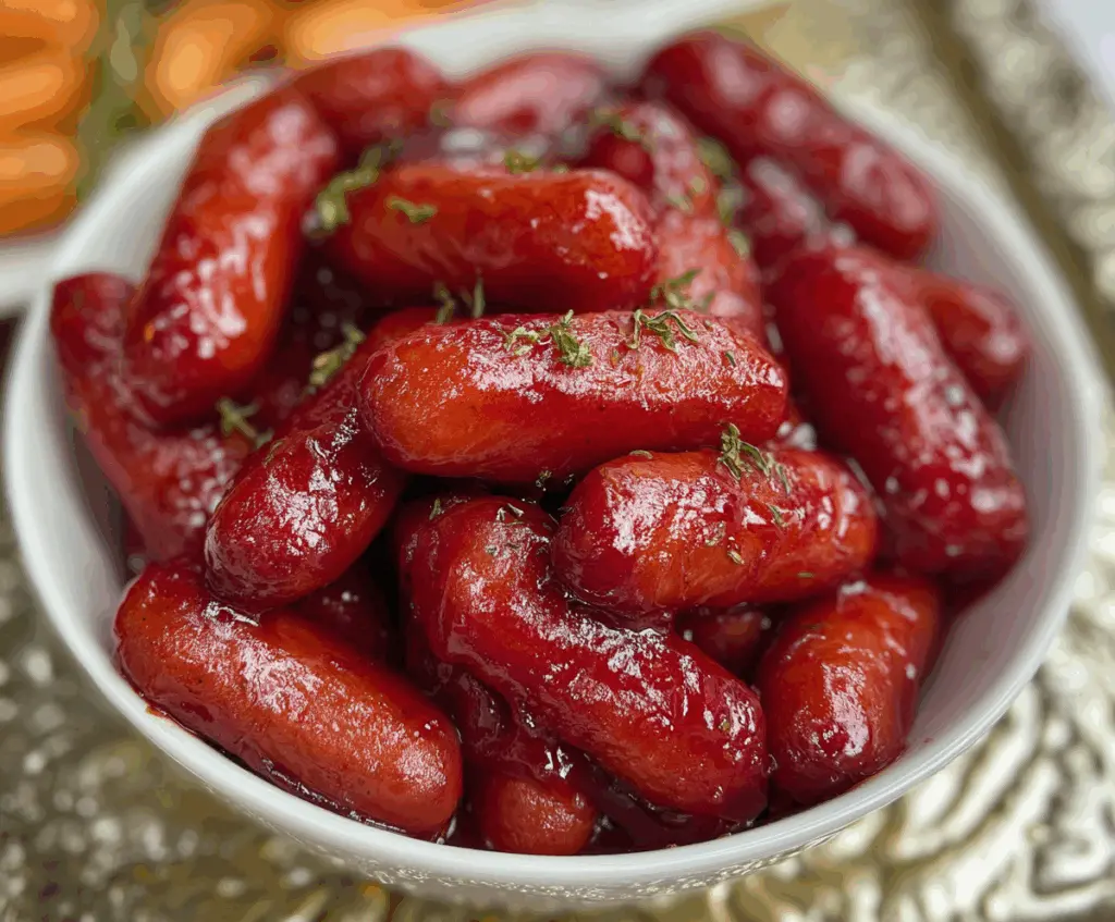 Creamy Cranberry BBQ Little Smokies served on a platter, perfect for entertaining.
