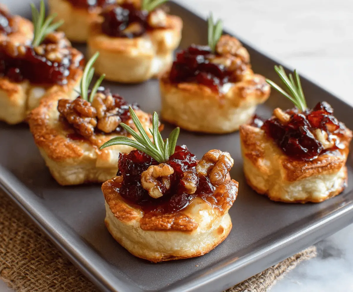 Delicious Cranberry Brie Bites with melted Brie cheese and fresh cranberries on a appetizer plate.