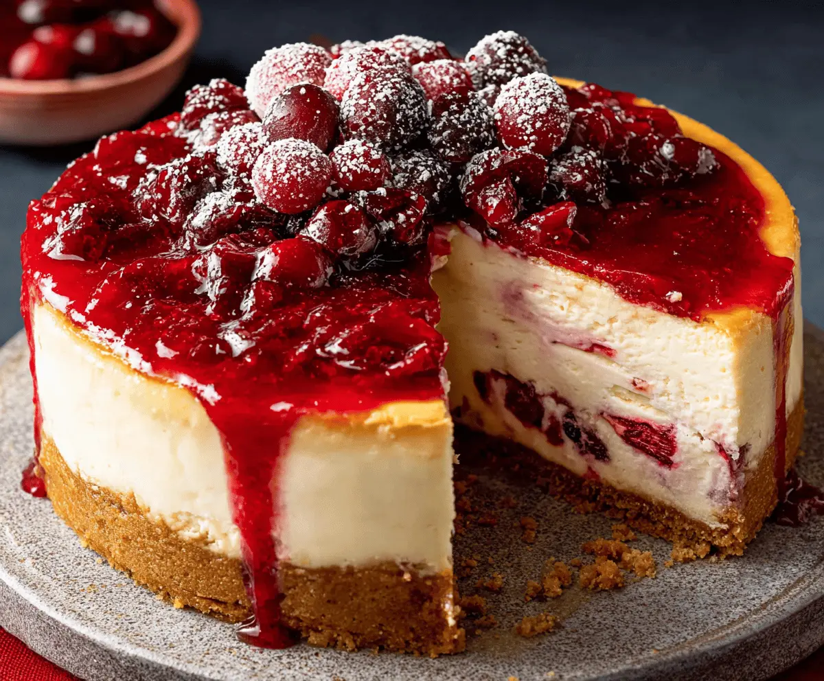 Delicious cranberry cheesecake with a creamy filling and vibrant red cranberry topping.