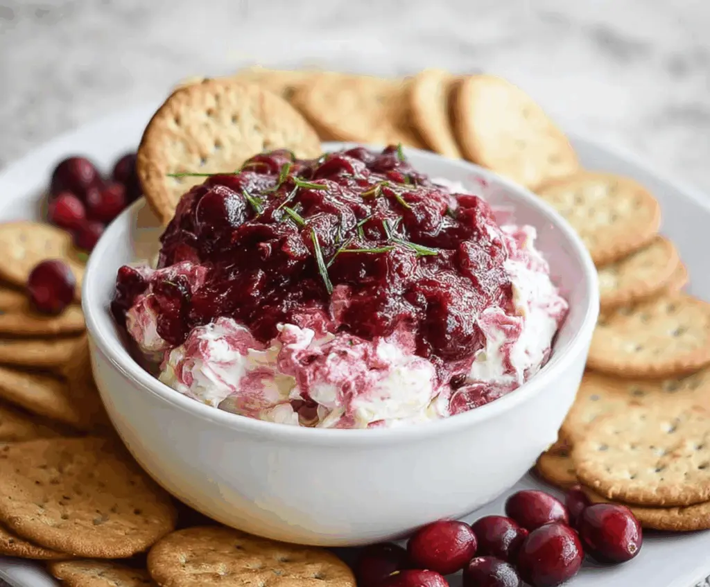 Delicious cranberry cream cheese dip with fresh cranberries and creamy texture, perfect for holiday gatherings.