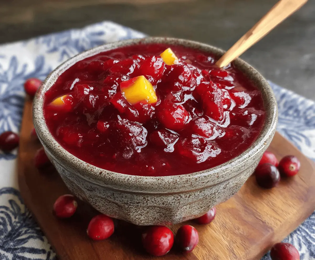 Refreshing cranberry mango sauce in a glass bowl, perfect for holiday desserts and snacks.