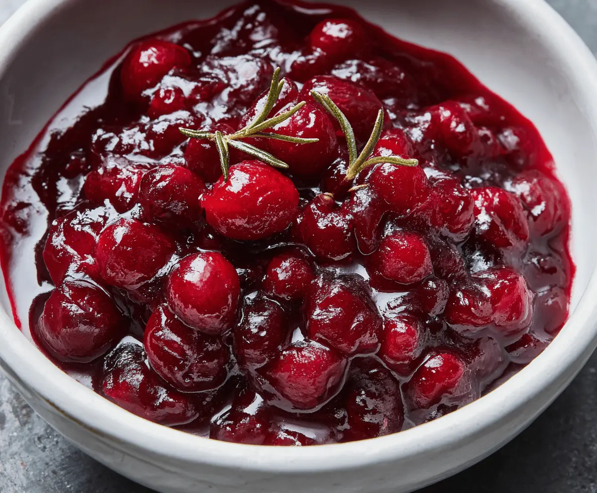 Delicious cranberry red wine sauce drizzled over a dessert dish, perfect for festive occasions.