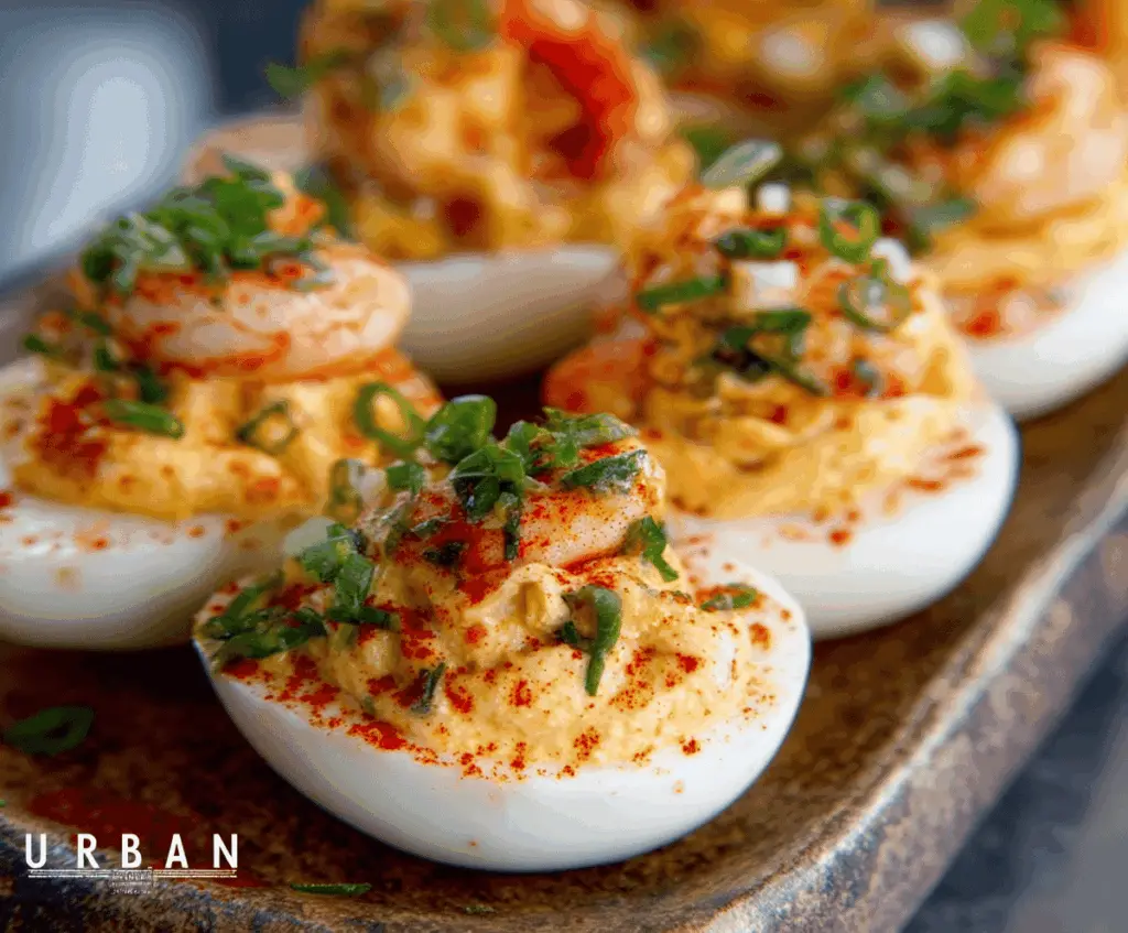 Delicious Crawfish Deviled Eggs garnished with fresh herbs and spices, perfect for seafood enthusiasts.