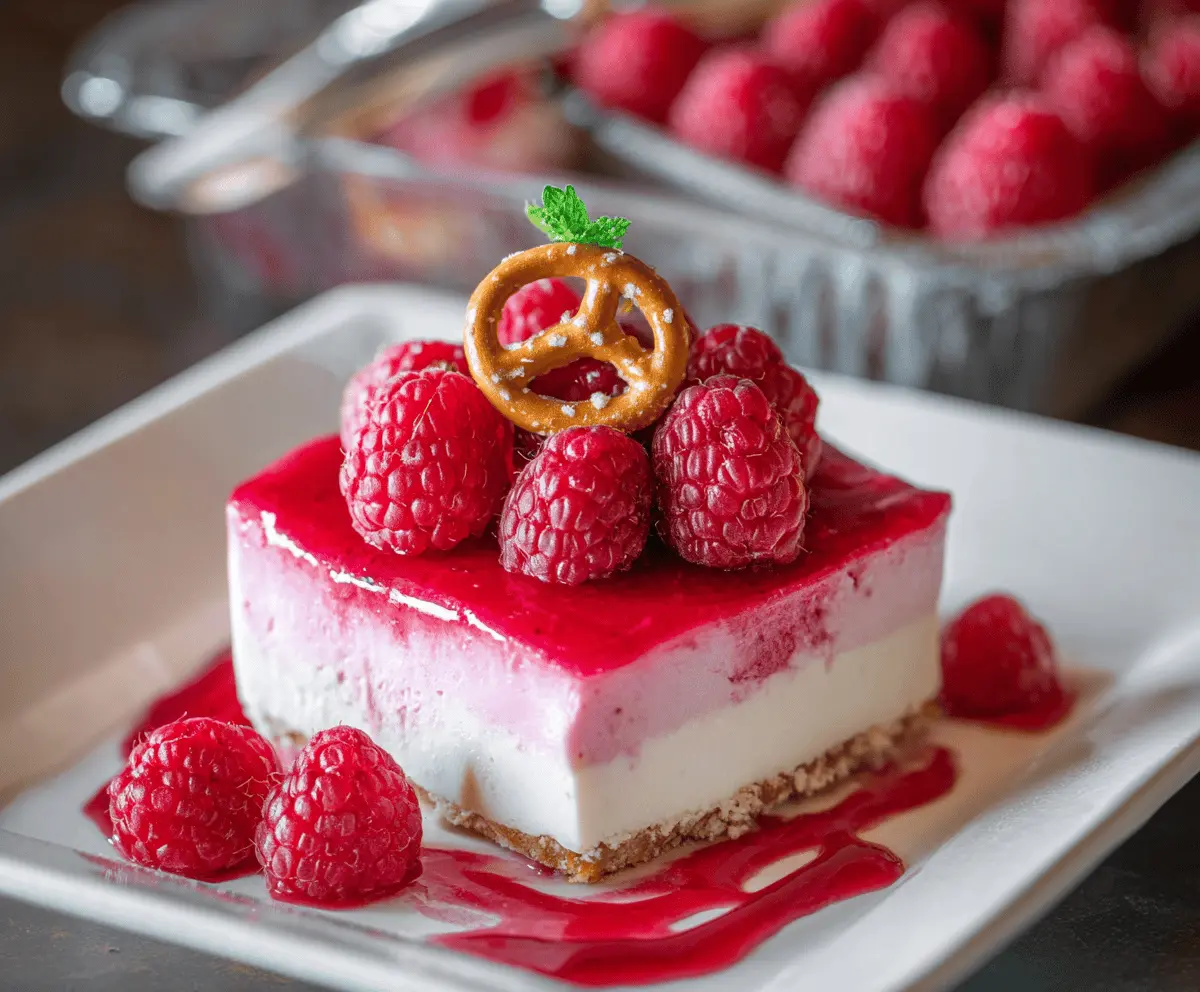 Delicious creamy raspberry pretzel dessert with a smooth topping and crunchy pretzel crust.