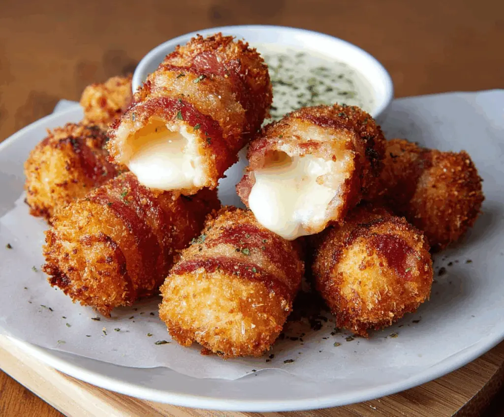 Delicious crispy bacon mozzarella poppers with melted cheese and crispy bacon on top.