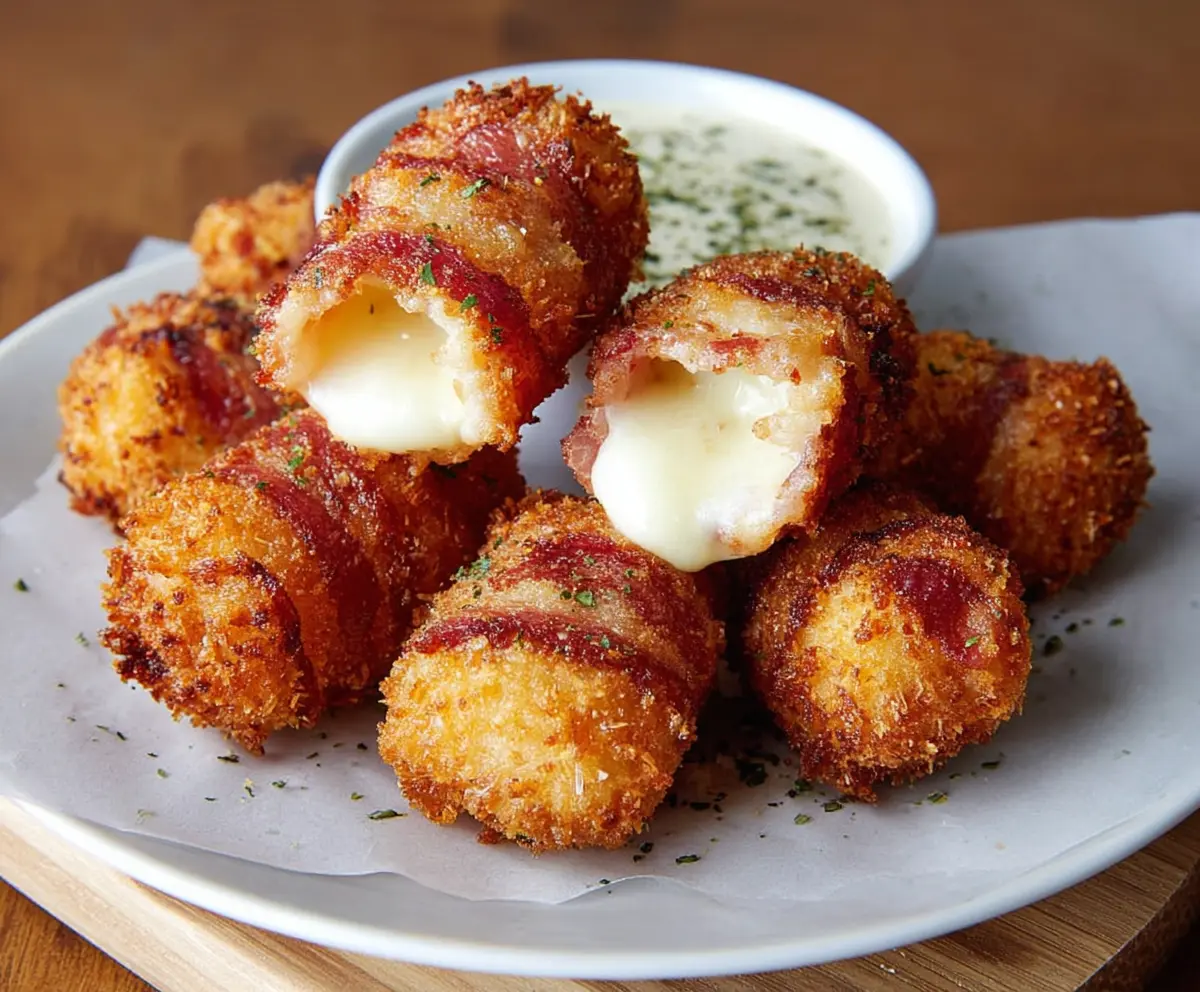Delicious crispy bacon mozzarella poppers with melted cheese and crispy bacon on top.