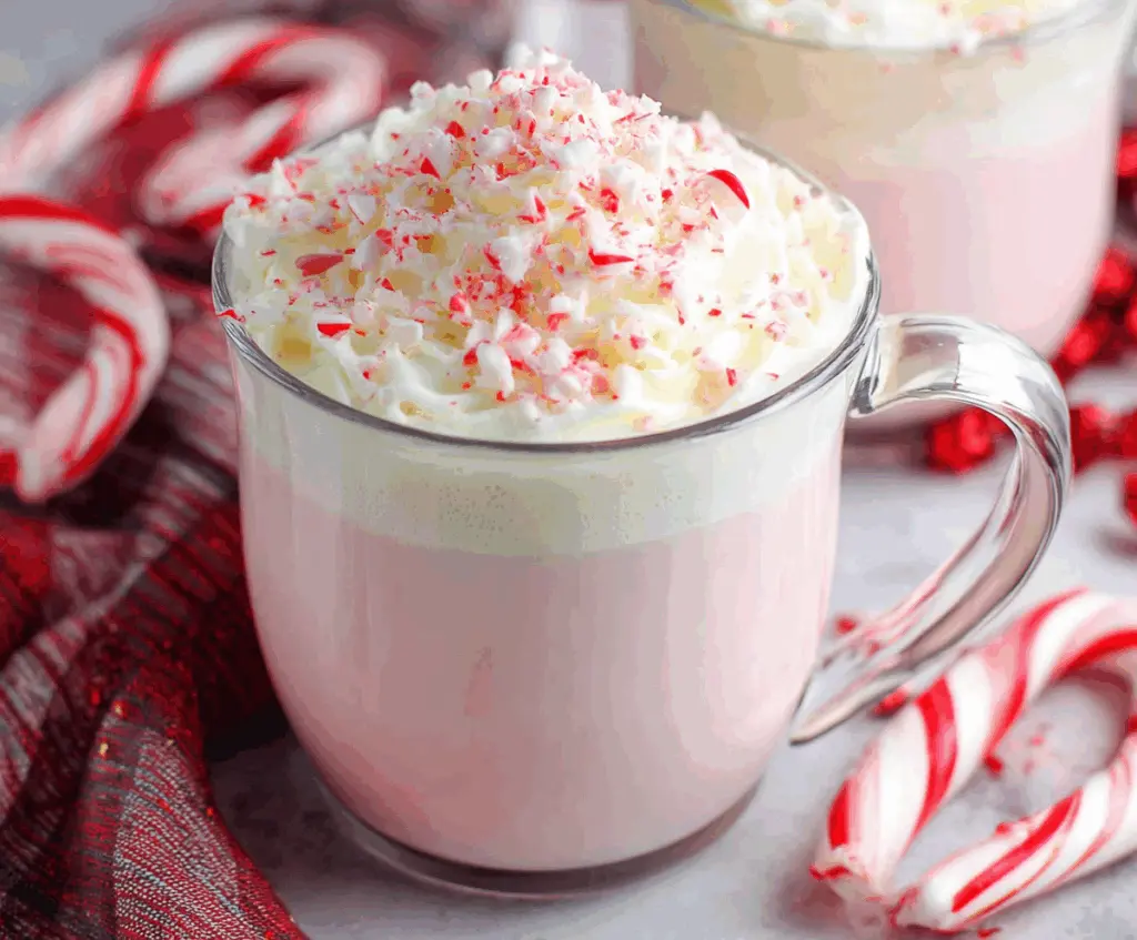 Delicious Crockpot Candy Cane White Hot Chocolate topped with whipped cream and peppermint candies
