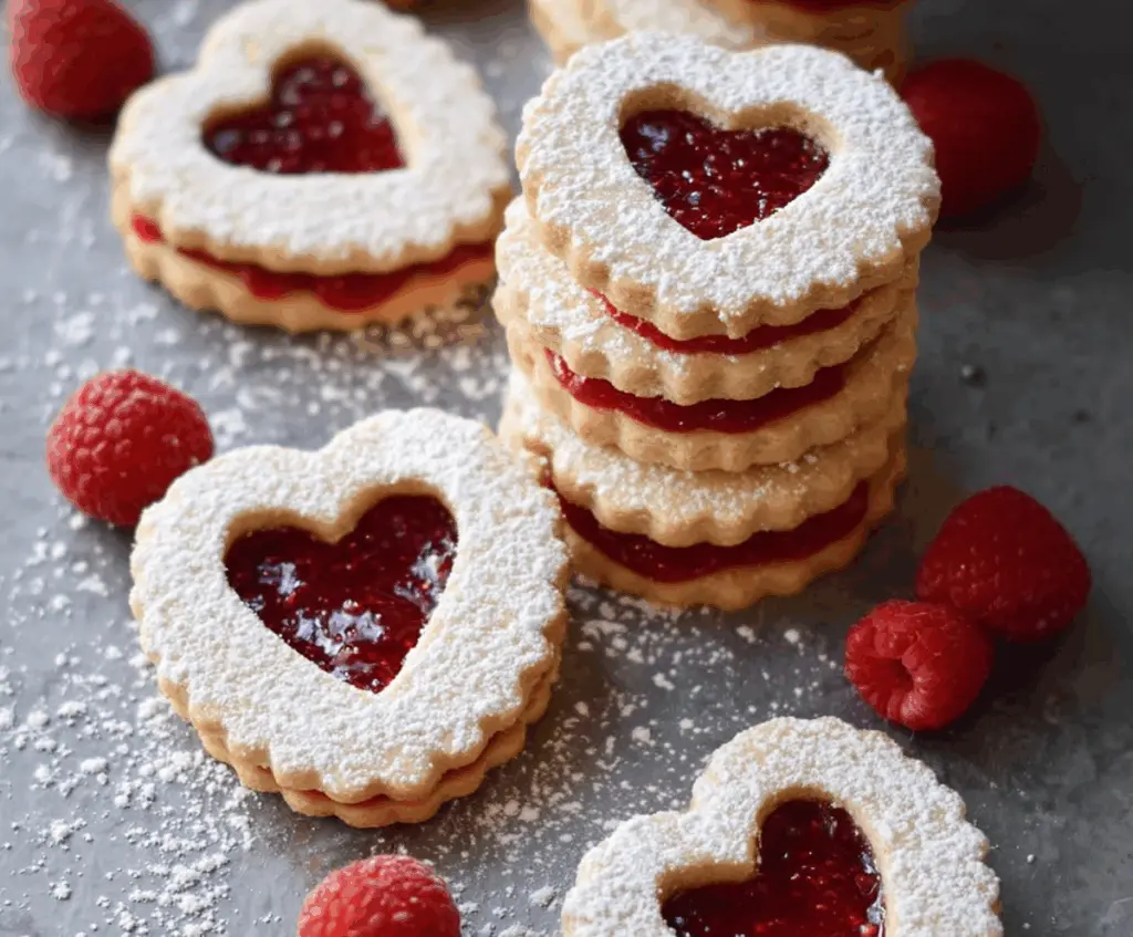 Delicious homemade raspberry almond Linzer cookies with powdered sugar on a rustic plate