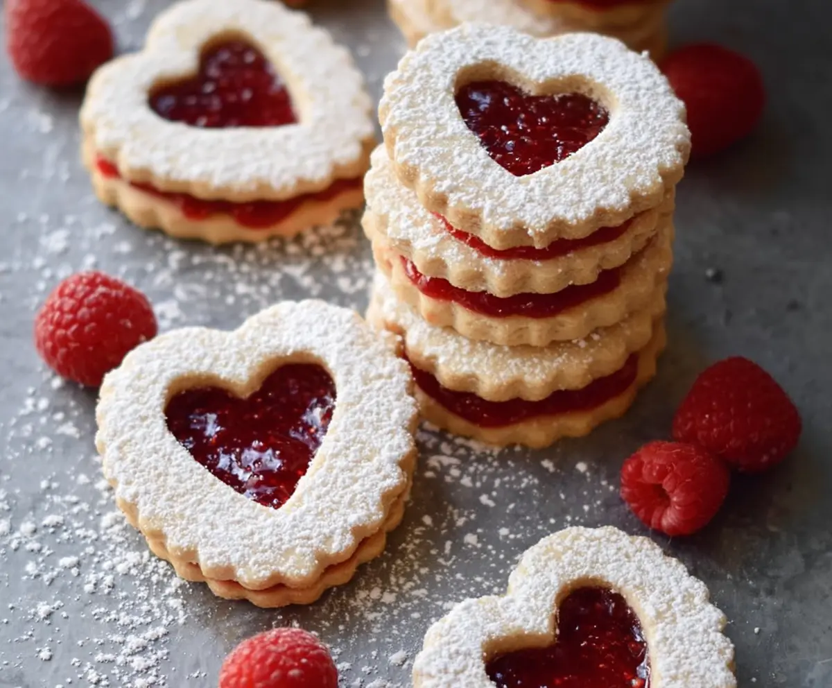 Delicious homemade raspberry almond Linzer cookies with powdered sugar on a rustic plate