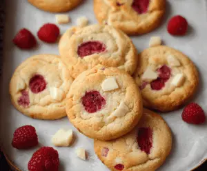 Delicious eggless raspberry cookies with fresh raspberries and a golden-brown crust.
