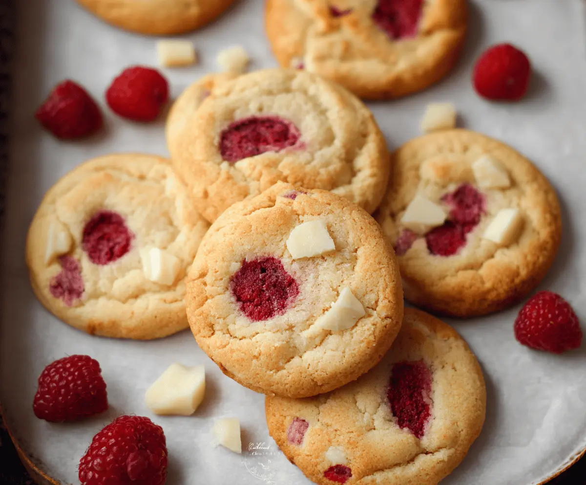Delicious eggless raspberry cookies with fresh raspberries and a golden-brown crust.