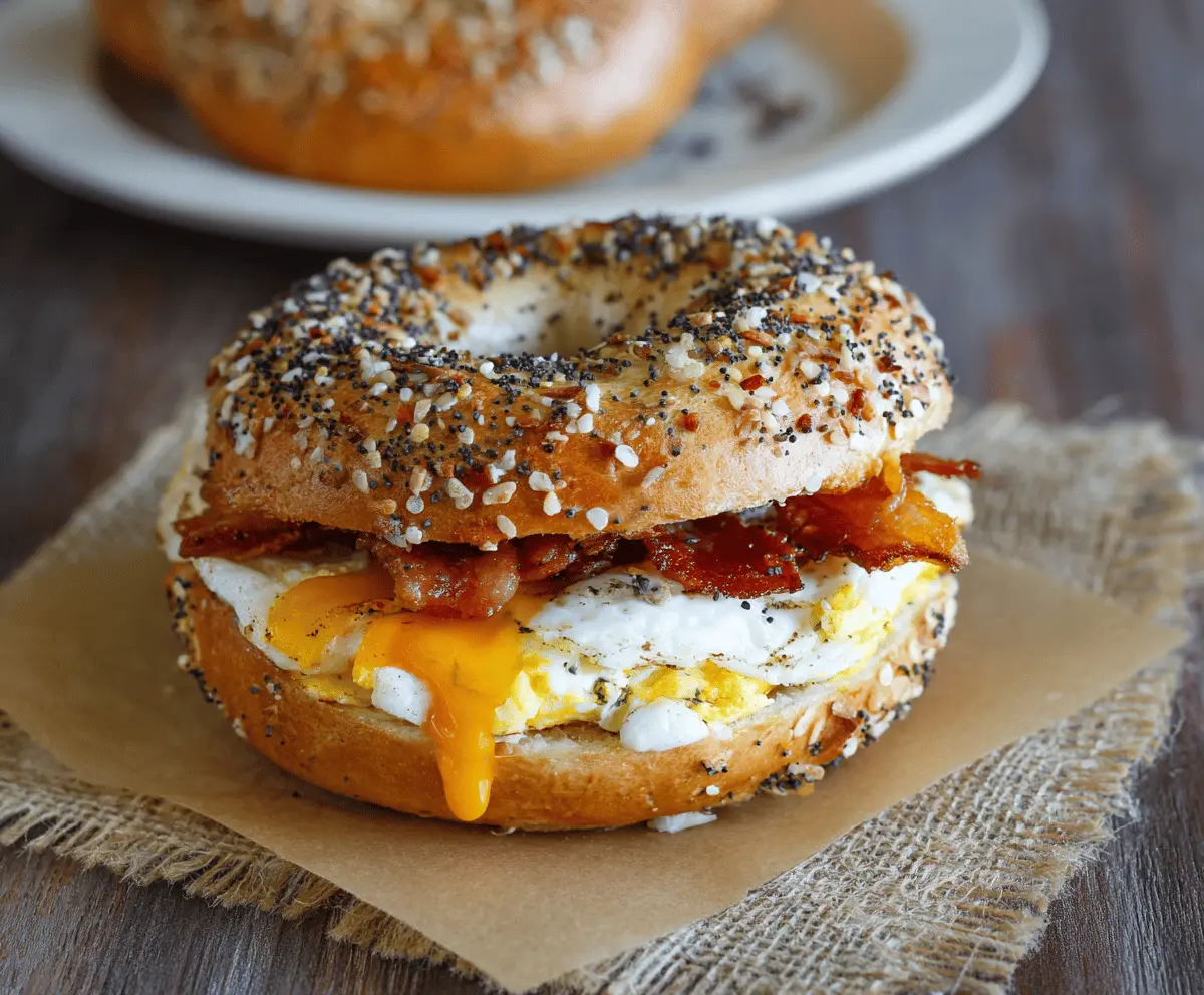 Delicious everything bagel breakfast sandwich with eggs, cheese, and bacon
