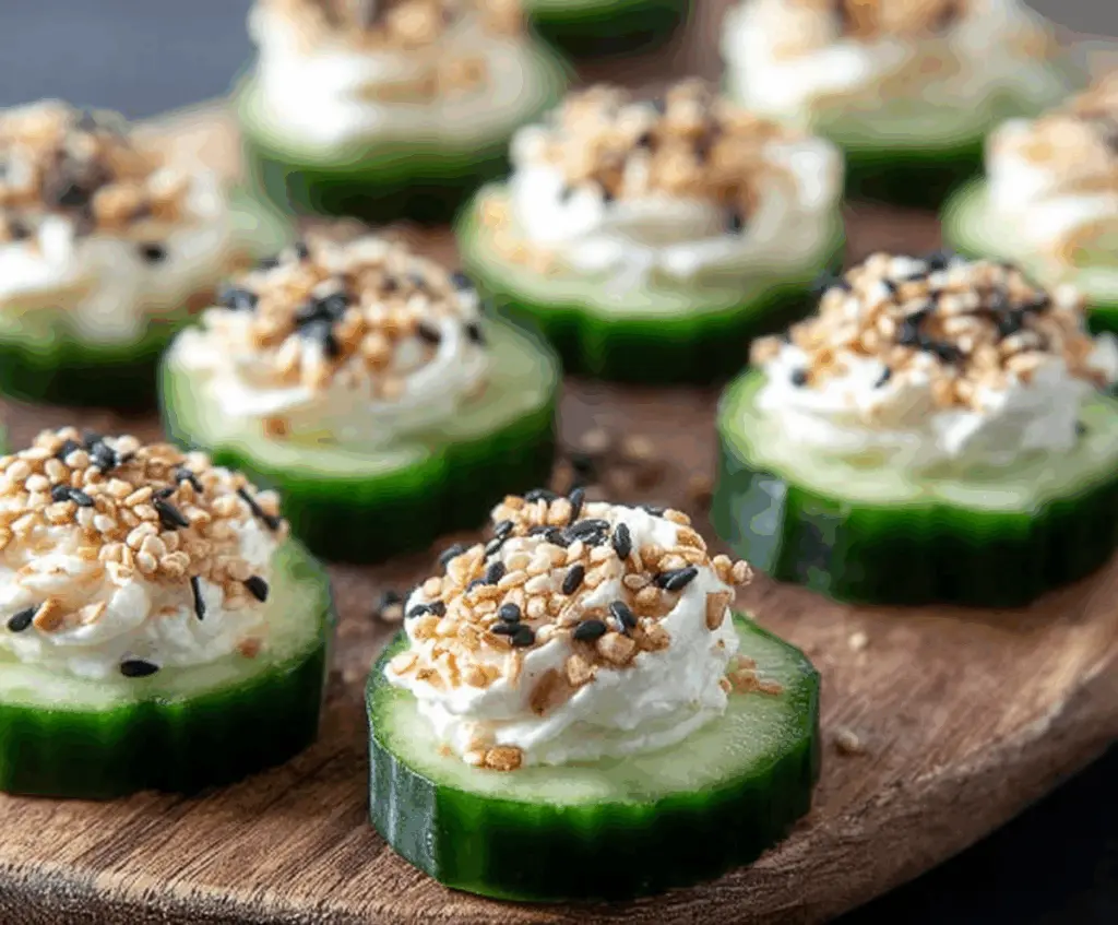 Delicious Everything Bagel Cucumber Bites garnished with seeds and herbs, perfect for snack or appetizer.