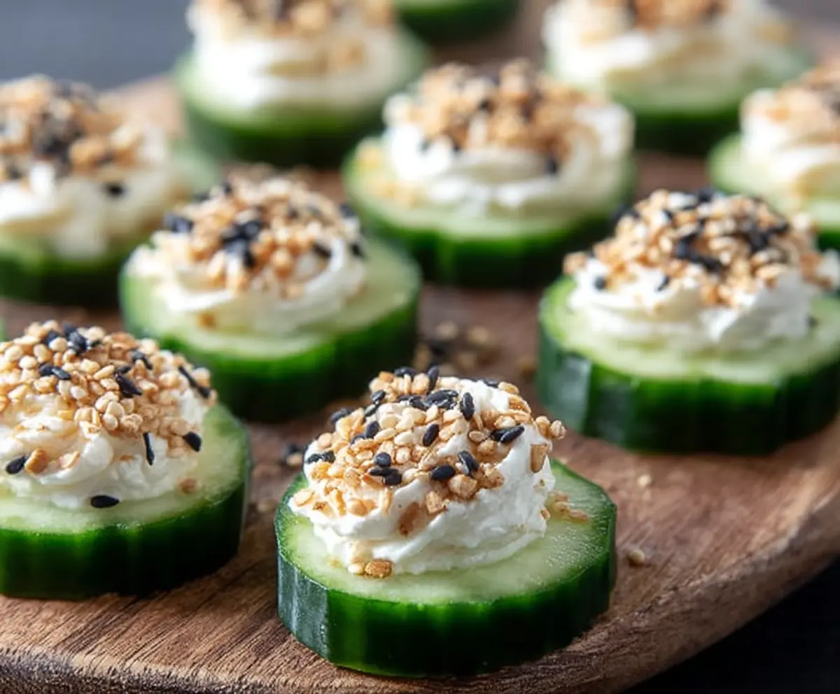 Delicious Everything Bagel Cucumber Bites garnished with seeds and herbs, perfect for snack or appetizer.