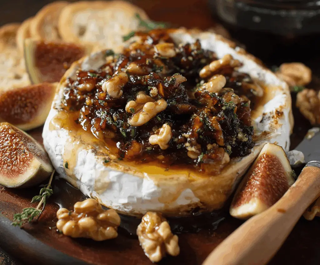 Delicious Fig Walnut Baked Brie cheese dish topped with fresh figs and walnuts, perfect for entertaining.