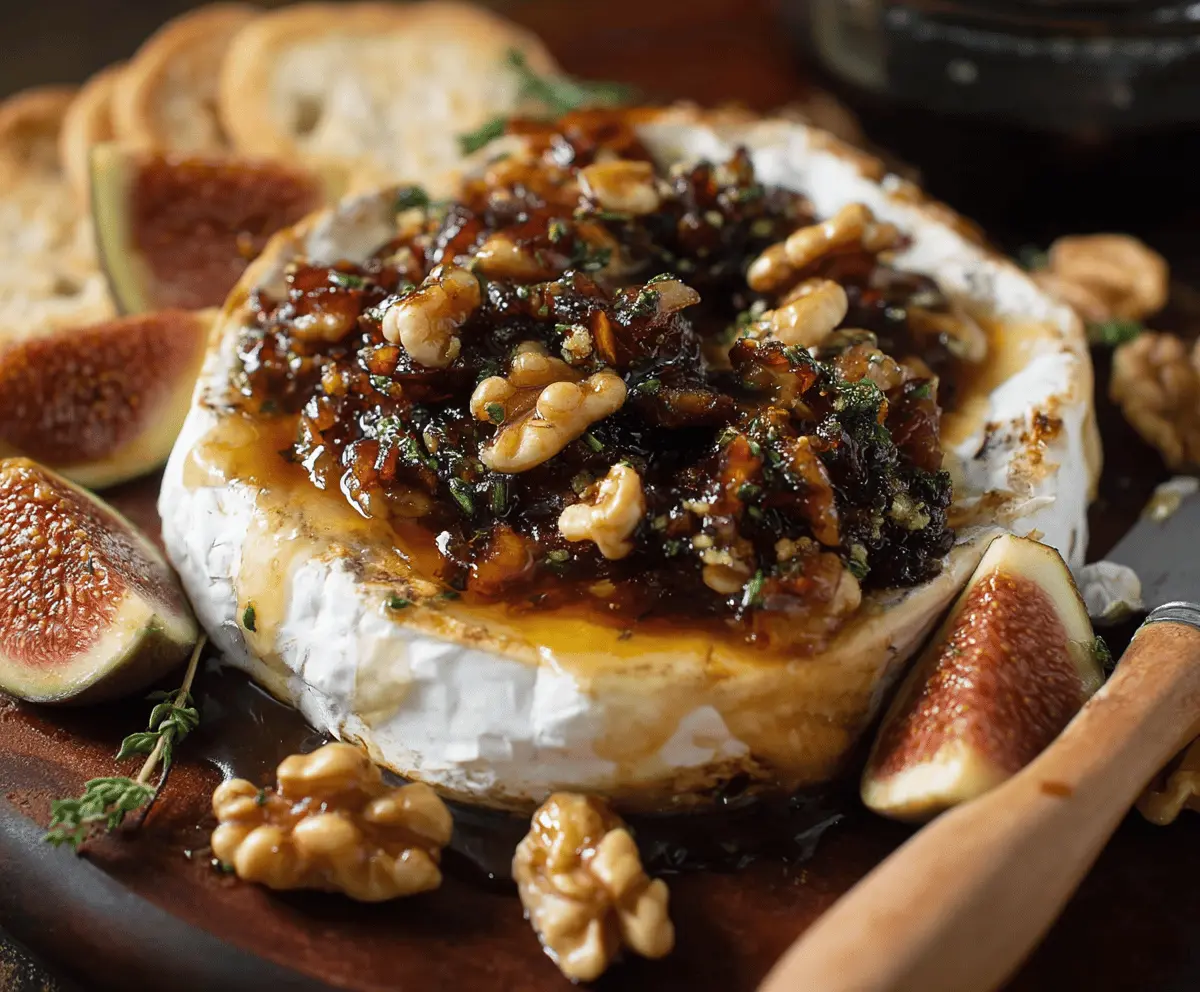 Delicious Fig Walnut Baked Brie cheese dish topped with fresh figs and walnuts, perfect for entertaining.