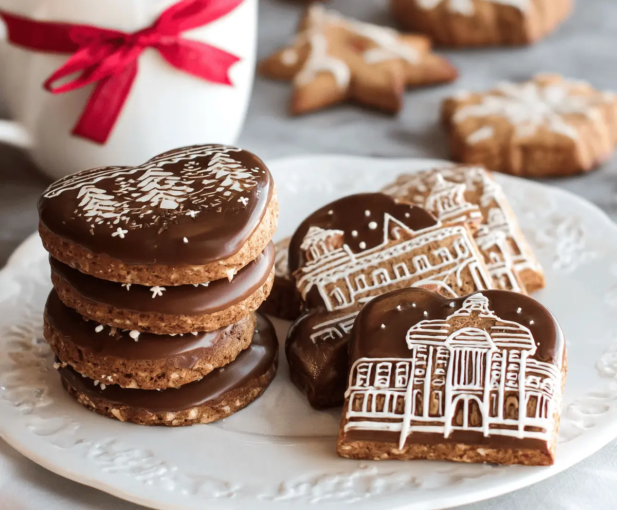 Delicious homemade German gingerbread cookies decorated with icing and spices.