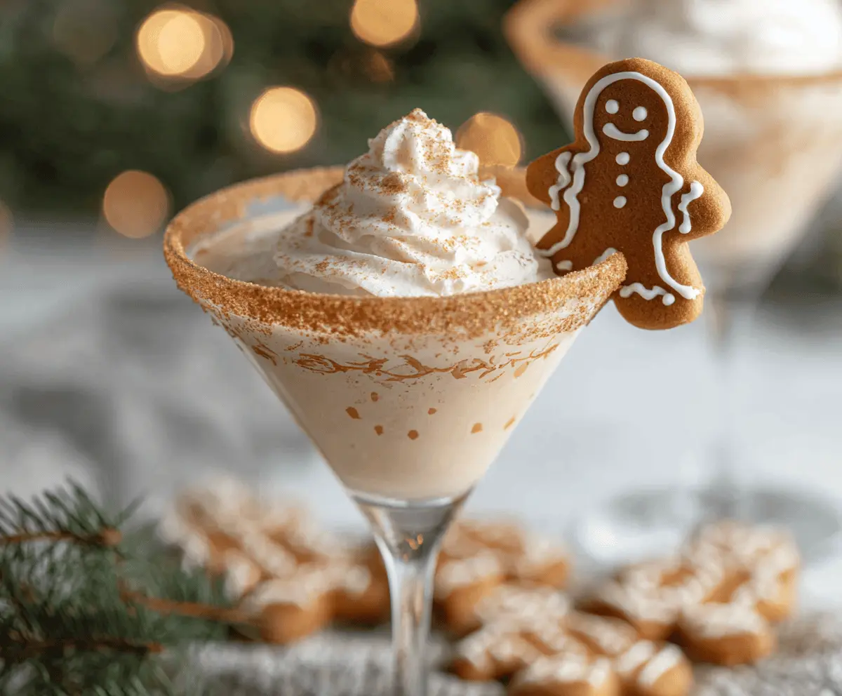 Delicious Gingerbread Cookie Martini served in a festive glass, topped with crushed cookies and a cinnamon stick.