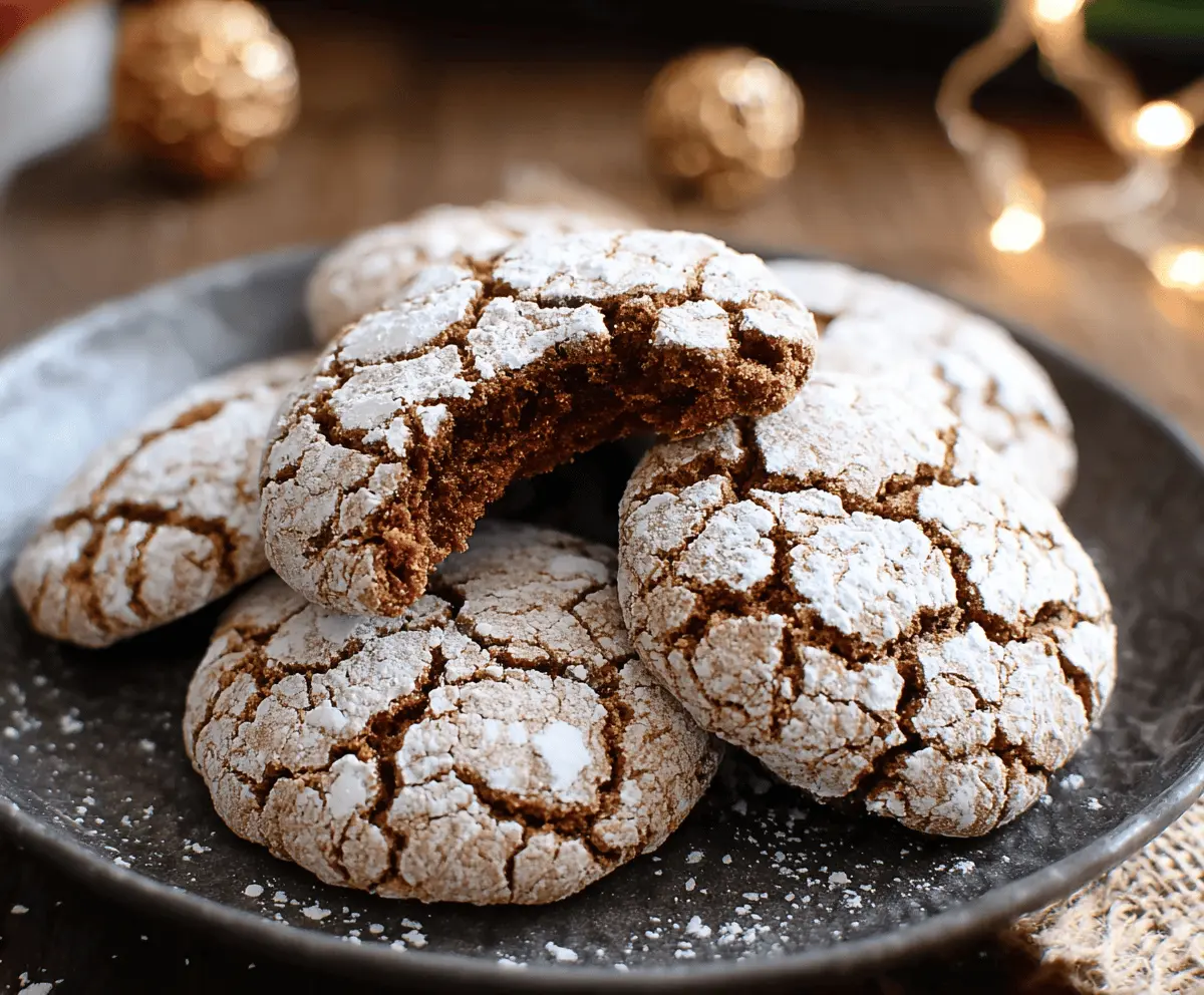 Delicious gingerbread crinkle cookies with powdered sugar coating, perfect for the holiday season.
