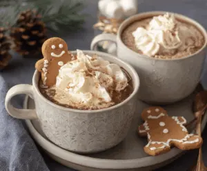 Warm gingerbread hot chocolate topped with whipped cream and a cinnamon stick.