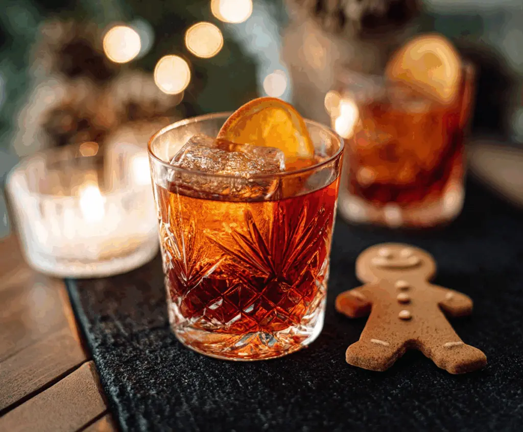 A festive Gingerbread Negroni cocktail garnished with a cinnamon stick and gingerbread cookie.