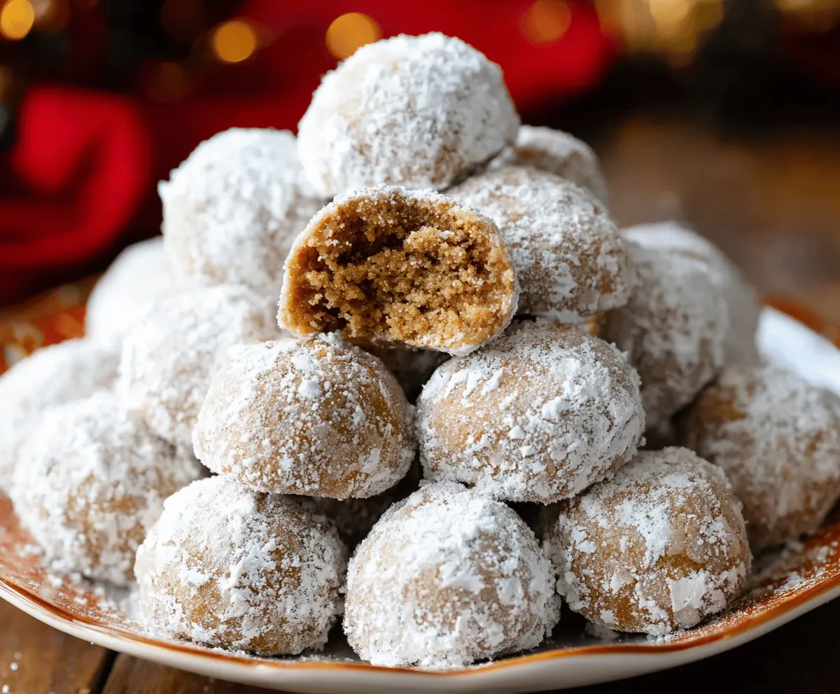 Delicious gingerbread snowball cookies coated in powdered sugar on a festive platter.