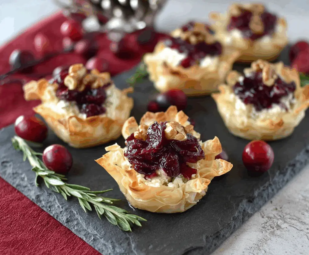 Delicious goat cheese cranberry phyllo cups served as an elegant appetizer