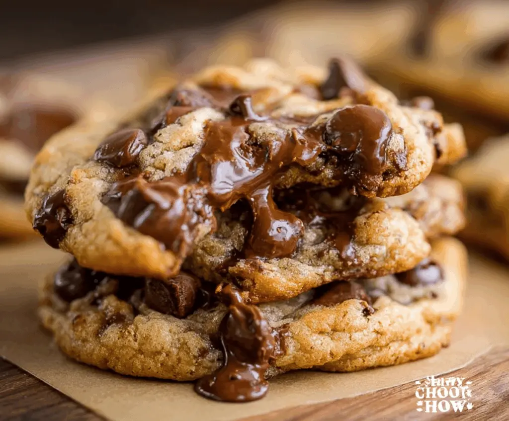 Close-up of warm, gooey chocolate chip cookies with melted chocolate and golden edges.