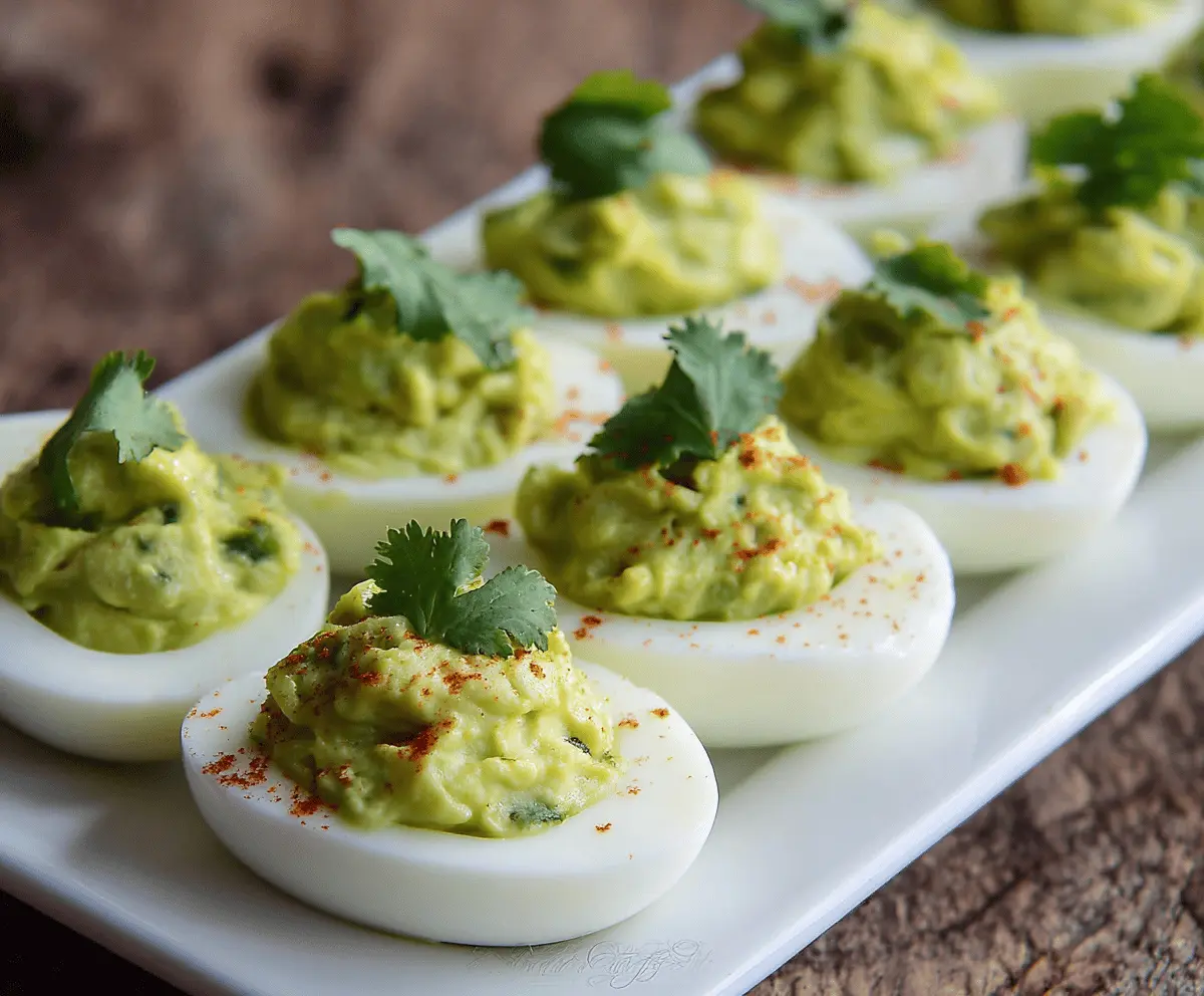 Creamy guacamole stuffed deviled eggs garnished with fresh herbs for a flavorful appetizer.