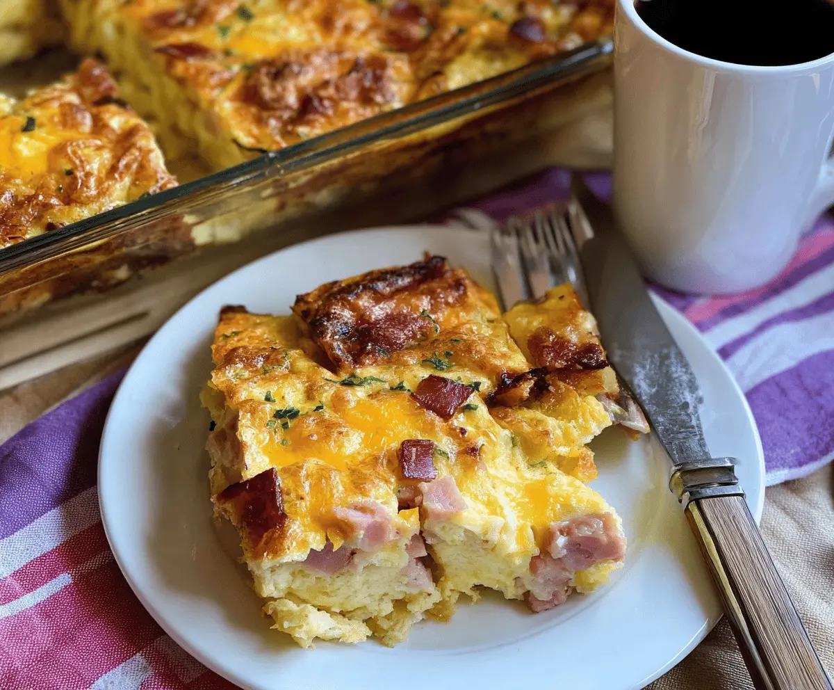 Delicious ham breakfast casserole with eggs, cheese, and herbs served in a baking dish.