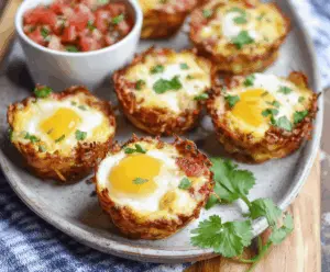 Delicious Hash Brown and Egg Cups served for breakfast, featuring crispy hash browns and fluffy eggs.