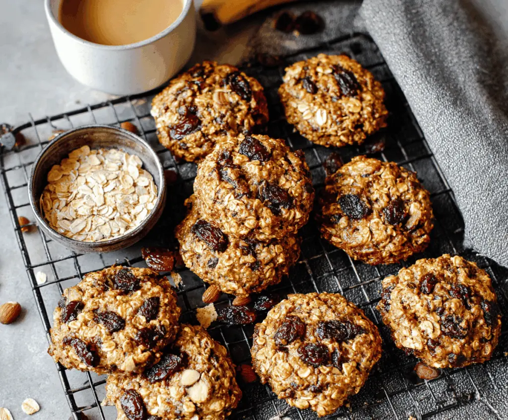 Healthy breakfast cookies with oats, nuts, and dried fruits on a plate