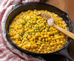 Creamy Honey Butter Skillet Corn topped with fresh herbs and served in a rustic skillet.