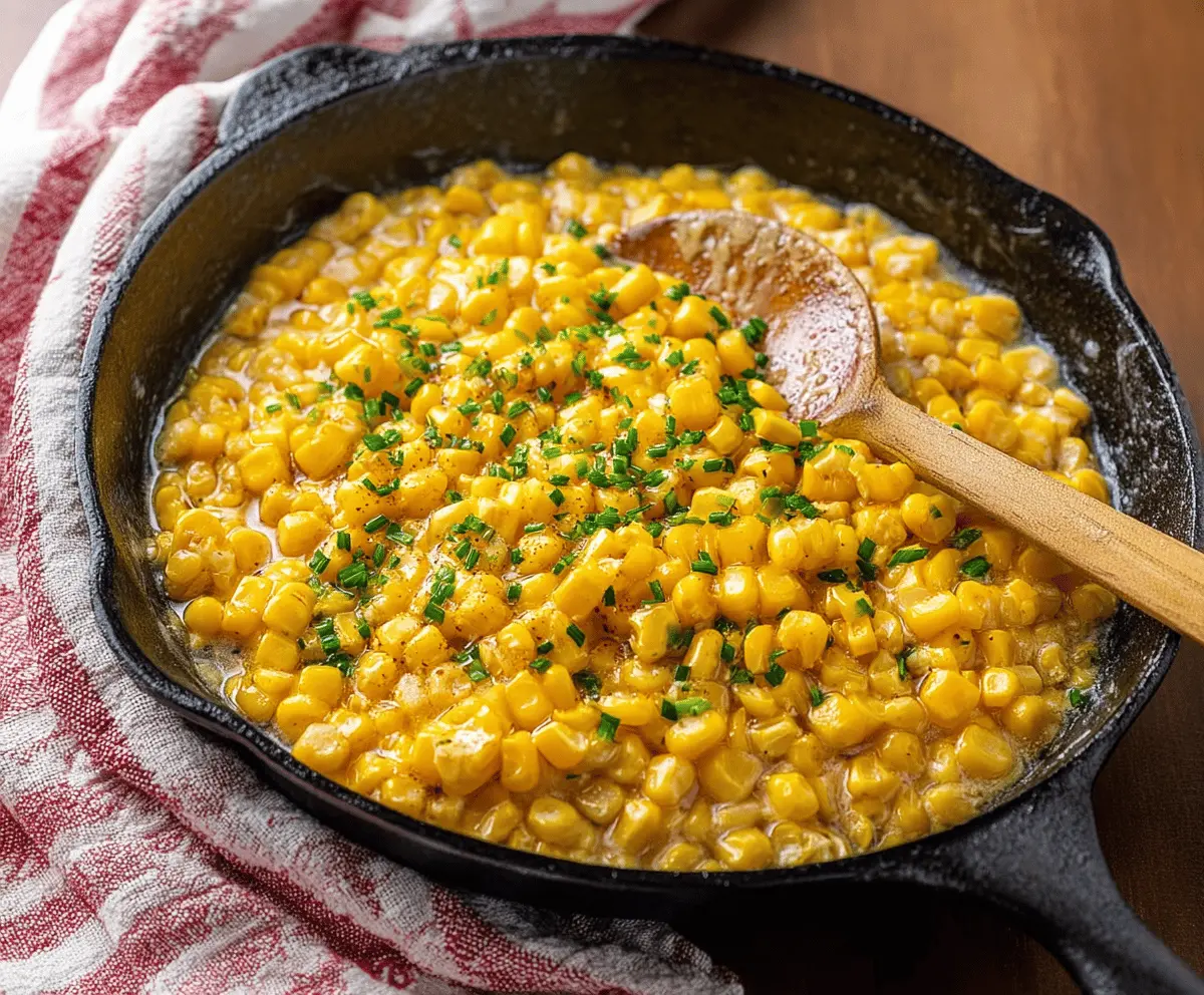 Creamy Honey Butter Skillet Corn topped with fresh herbs and served in a rustic skillet.