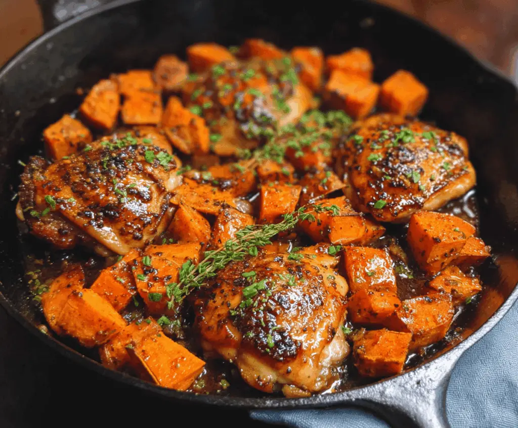 Delicious honey garlic chicken served with roasted sweet potatoes on a plate.