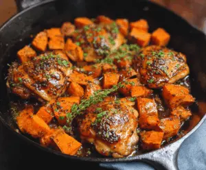 Delicious honey garlic chicken served with roasted sweet potatoes on a plate.