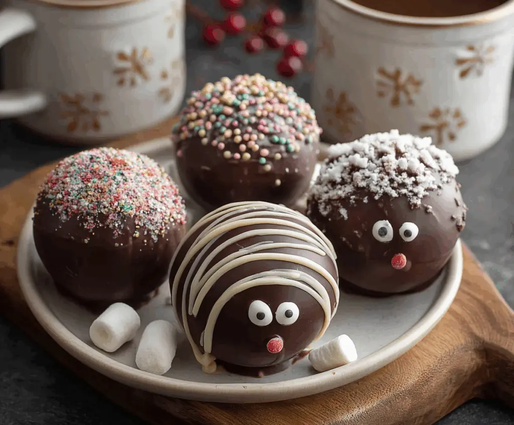 Delicious hot chocolate bombs with rich chocolate exterior and marshmallow filling, perfect for winter drinks.