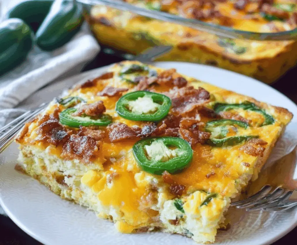 Delicious Jalapeño Popper Breakfast Casserole with melted cheese and crispy jalapeños for a spicy breakfast treat.