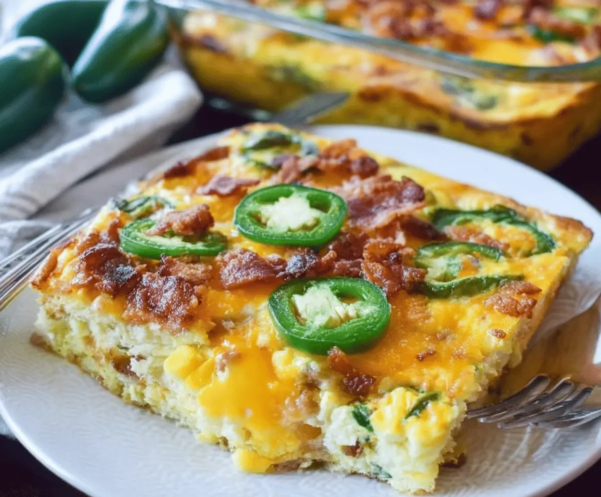 Delicious Jalapeño Popper Breakfast Casserole with melted cheese and crispy jalapeños for a spicy breakfast treat.