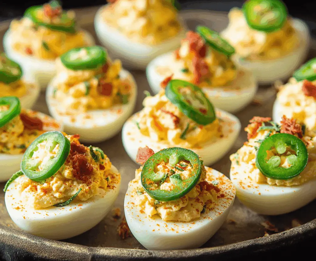 Delicious jalapeño popper deviled eggs garnished with chives on a white plate