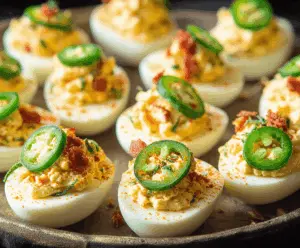 Delicious jalapeño popper deviled eggs garnished with chives on a white plate