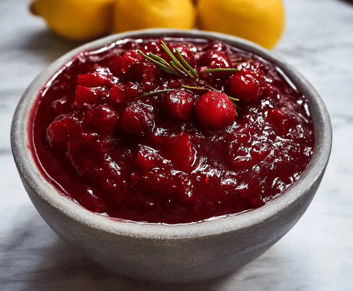 Joanna Gaines Cranberry Sauce served in a glass jar with fresh cranberries and mint garnish for a festive holiday flavor.
